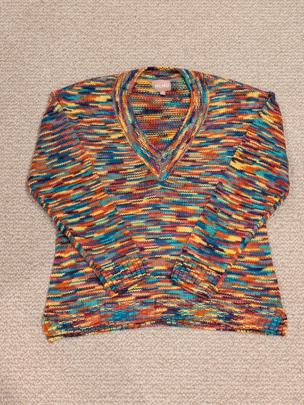 Show Me Your MuMu Teal Orange Yellow V‑Neck Knit Sweater